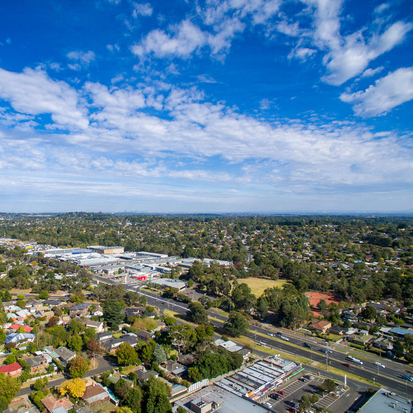 Aerial view of Melbourne's eastern suburbs with businesses.
