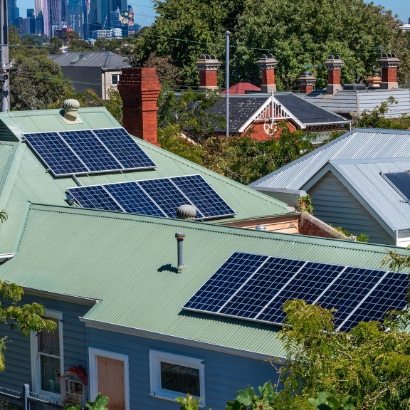 Solar panels installed on multiple homes in Melbourne.