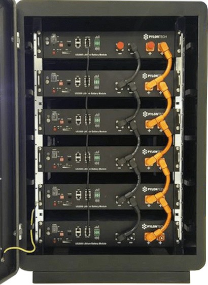 Pylontech solar lithium battery system with multiple batteries connected together.